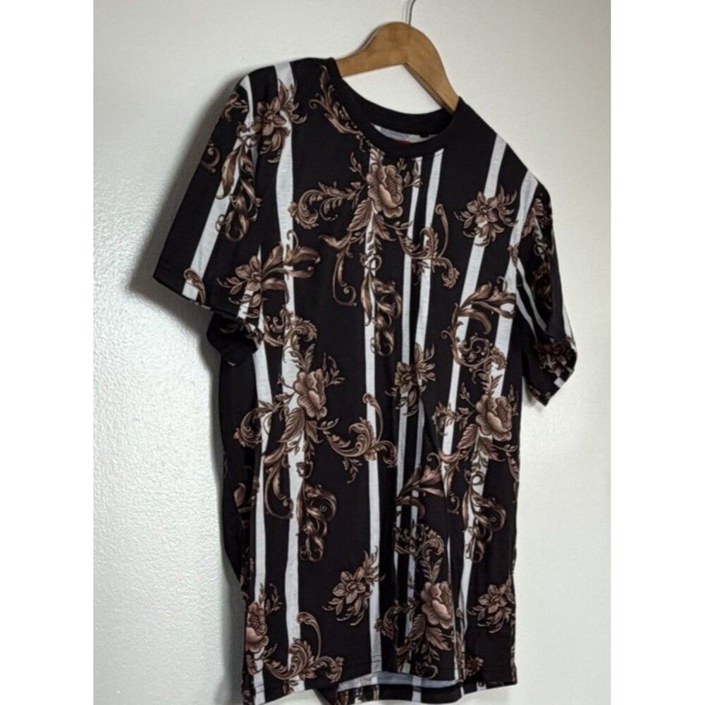 Guess Baroque Floral Striped T-Shirt Black Brown Size Large - Picture 8 of 10